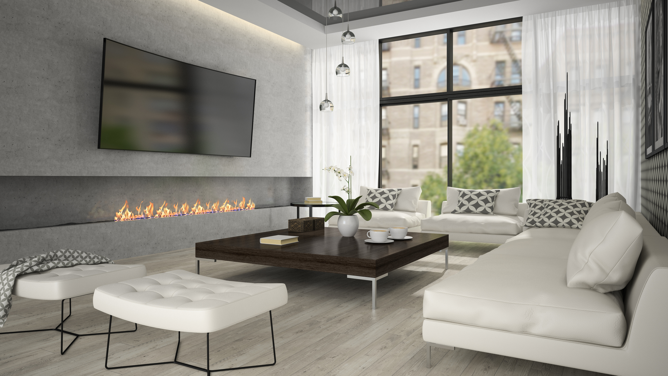 Interior of living room with stylish fireplace 3D rendering